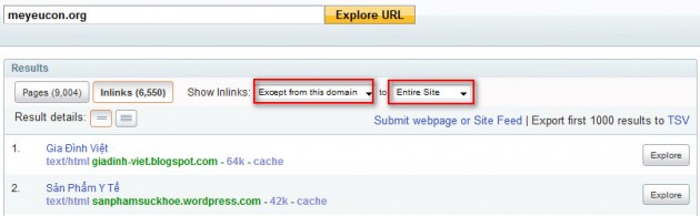 Sử dụng công cụ kiểm tra back link Site explorer Yahoo